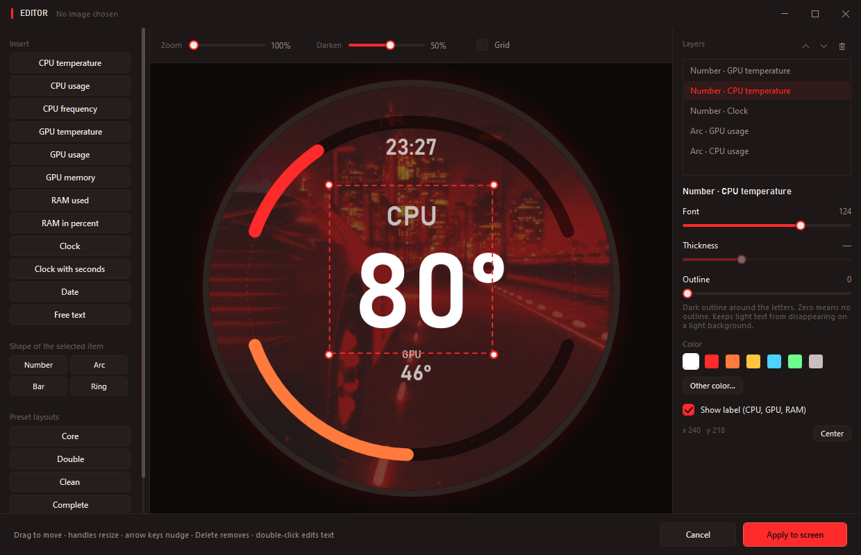 AIOScreen editor with draggable elements on a circular 480 by 480 canvas
