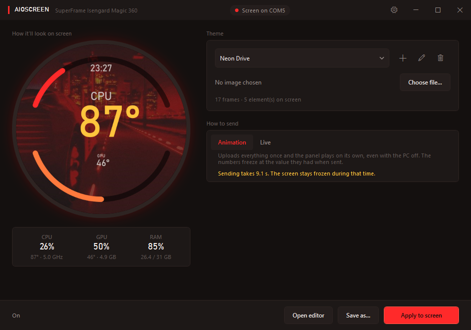AIOScreen main window showing a theme preview and live CPU, GPU and RAM readings