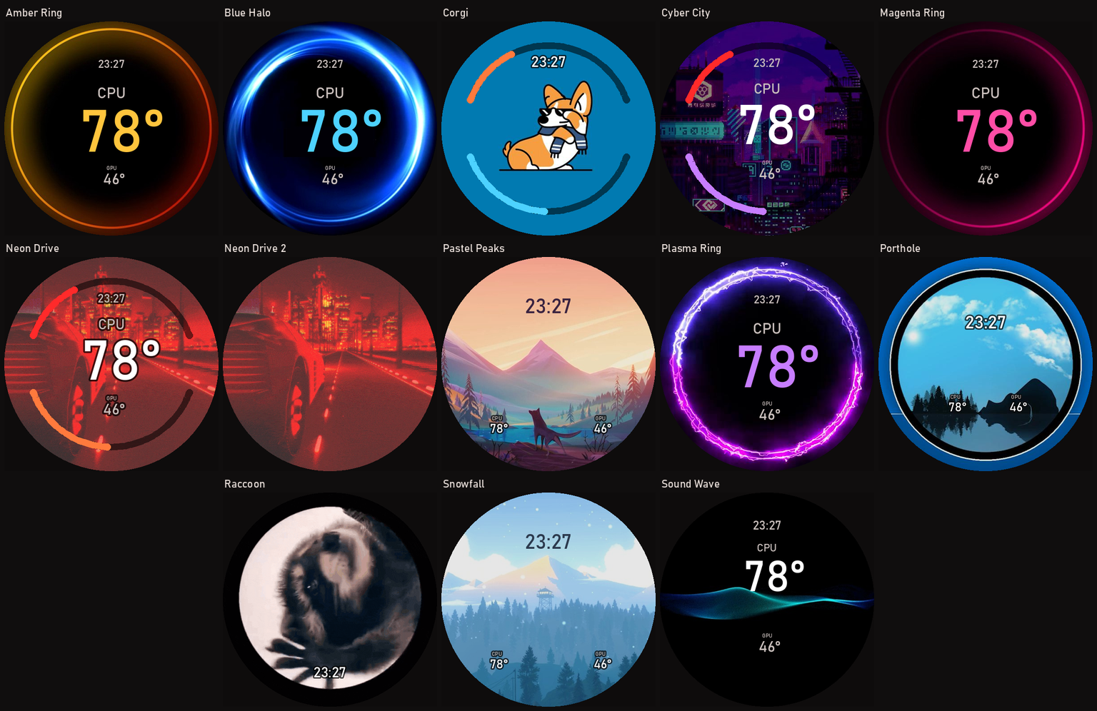 The 13 themes AIOScreen ships with, rendered as the round panel shows them